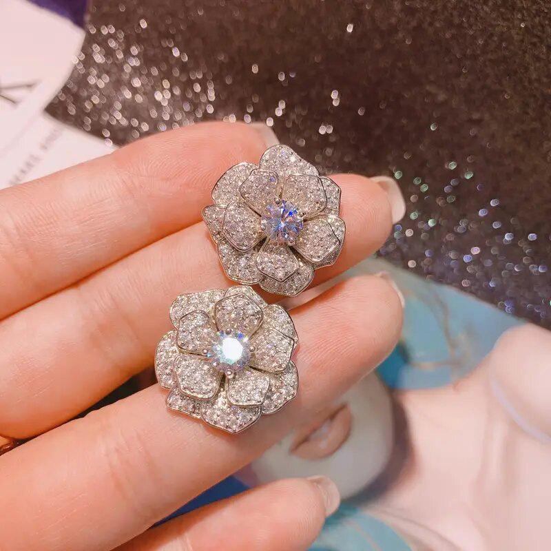Full Paved Layered Flower Shape Center Round Stone Stud Earrings Women Luxury Floral Ear Jewelry