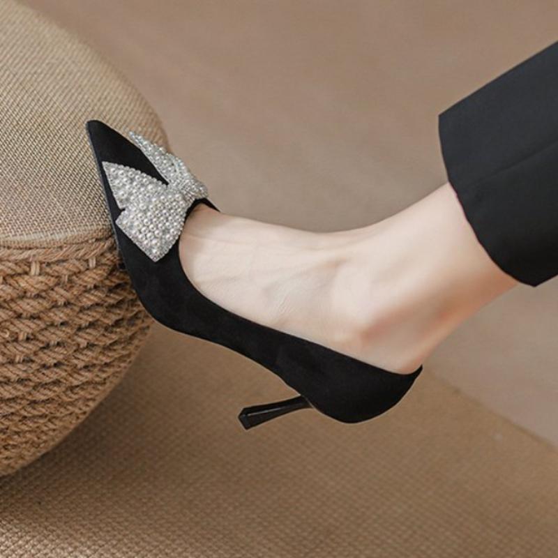 Shallow Mouth Black Single Shoes Women Pumps Pointed Toe High Heels Shiny Pearl Bowknot Rhinestone Stiletto Temperament Wedding