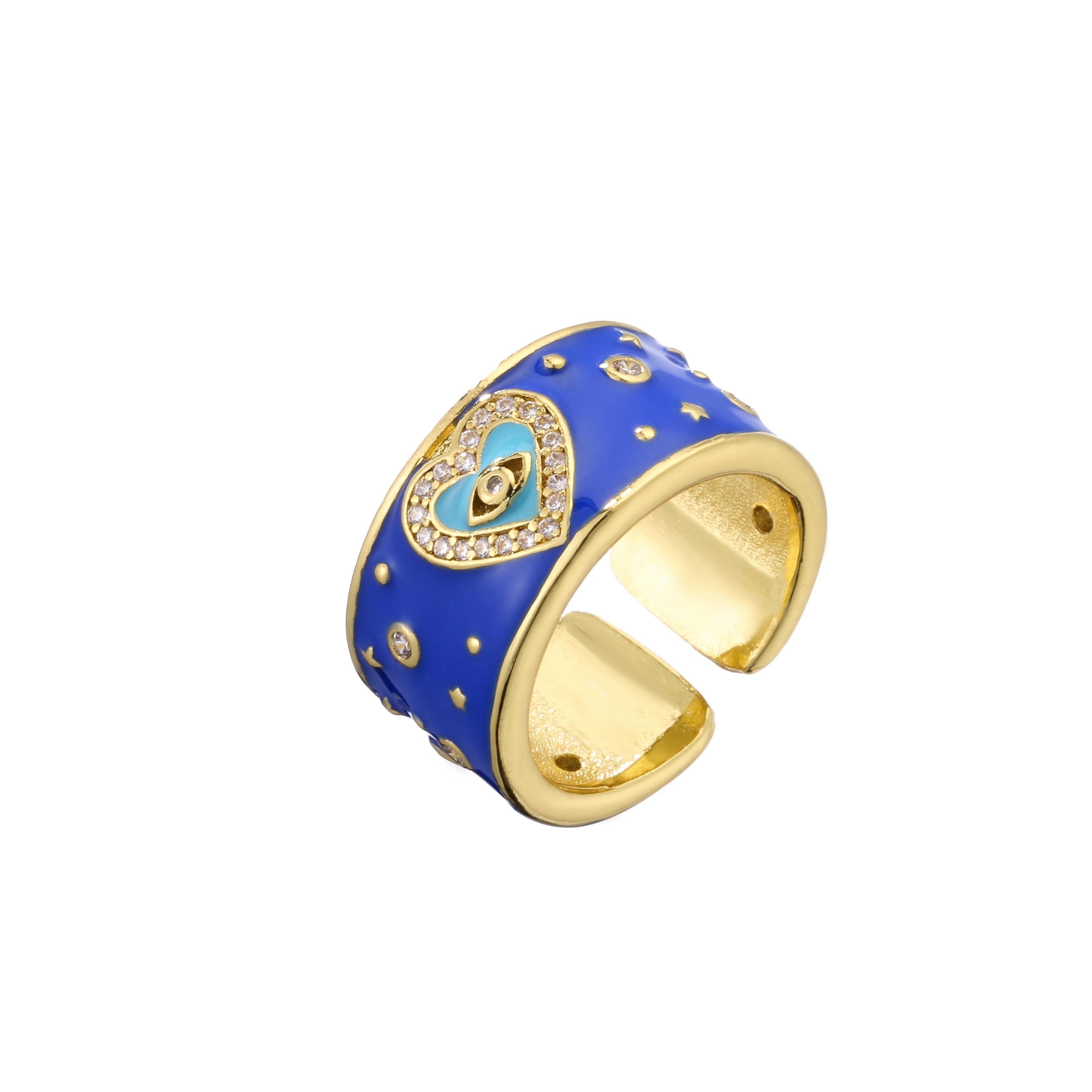

18K Gold Plated Brass Lucky Eyes Heart Ring,Gold Color Dropping Oil Finger Ring,Adjustable Fashion Zircon for Women ,Wholesale resizable темно-синього кольору