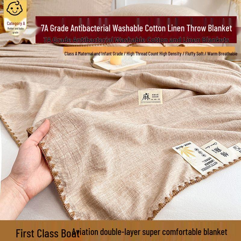 Old Money Style Cotton Linen Throw: Skin-Friendly, Breathable, Antibacterial, All-Season, Summer, Thin Aviation Multifunctional Blanket.