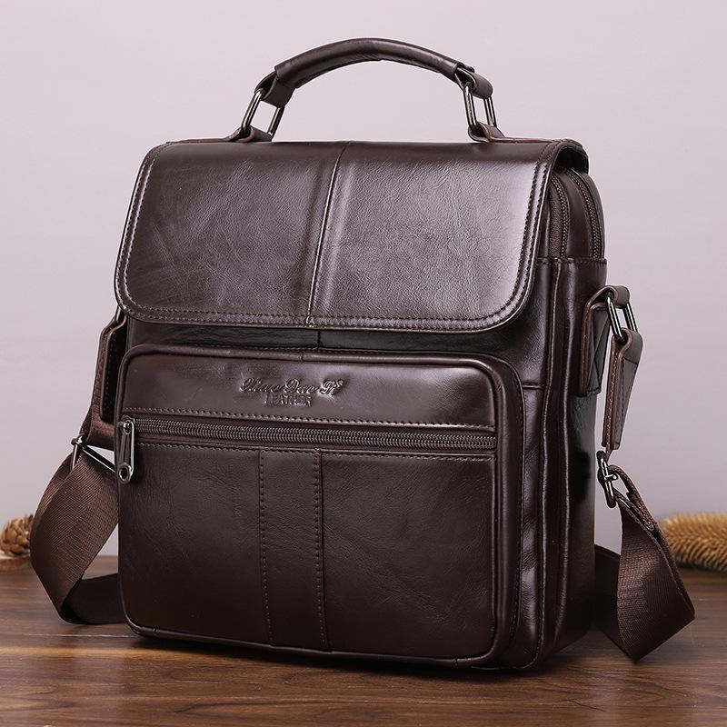 

New Retro Oil Wax Cowhide Messenger Bag Men s Bag Leather Shoulder Bag Trendy Briefcase Handbag Large-capacity Backpack 24*10*26 темно-коричневого кольору