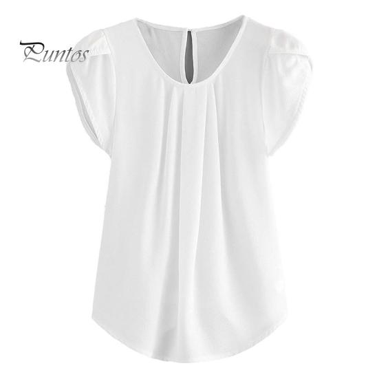 

Женская летняя повседневная рубашка с круглым вырезом и лепестками, пуловер с короткими рукавами, однотонная плиссированная футболка, уличная одежда L белый