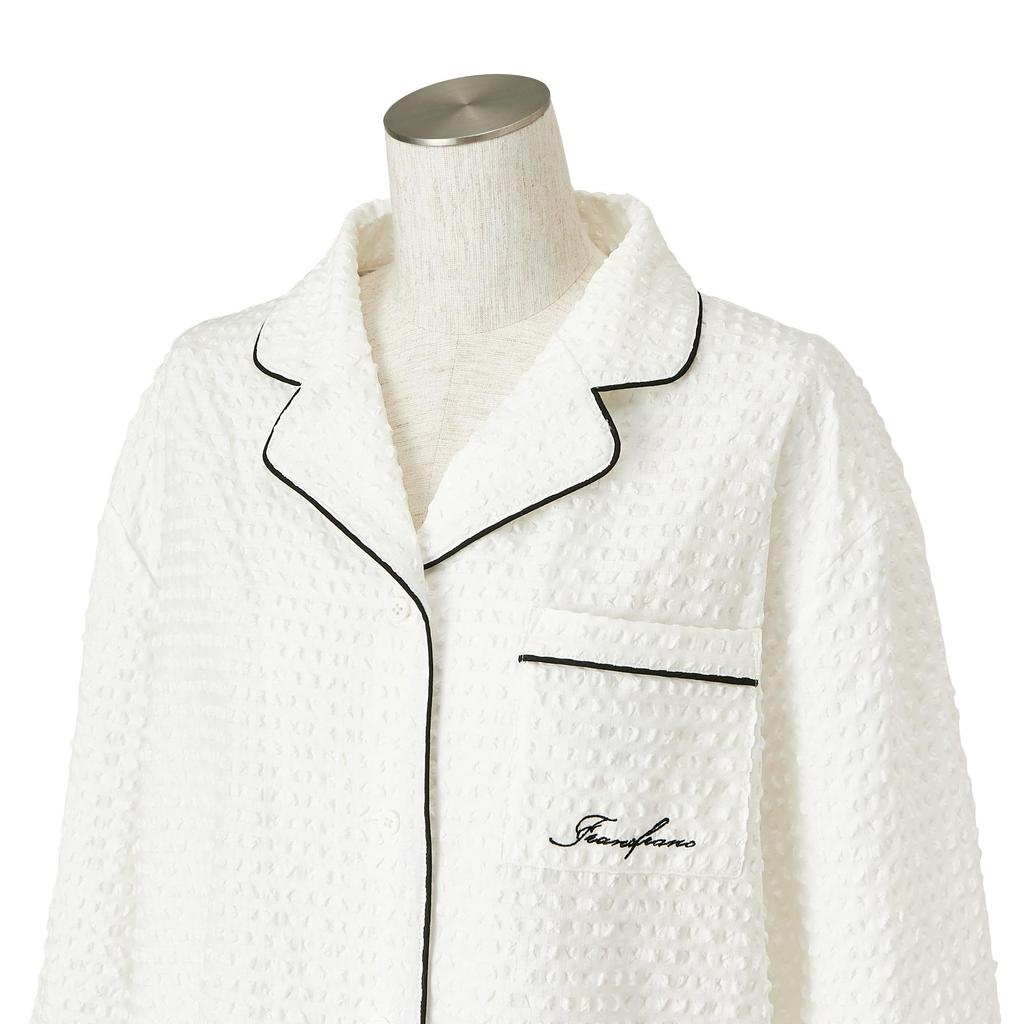 Francfranc Logo Embroidered Check Jacquard 2025 Top and Bottom Set Pajamas, White, Model, Loungewear/Relaxation Wear,