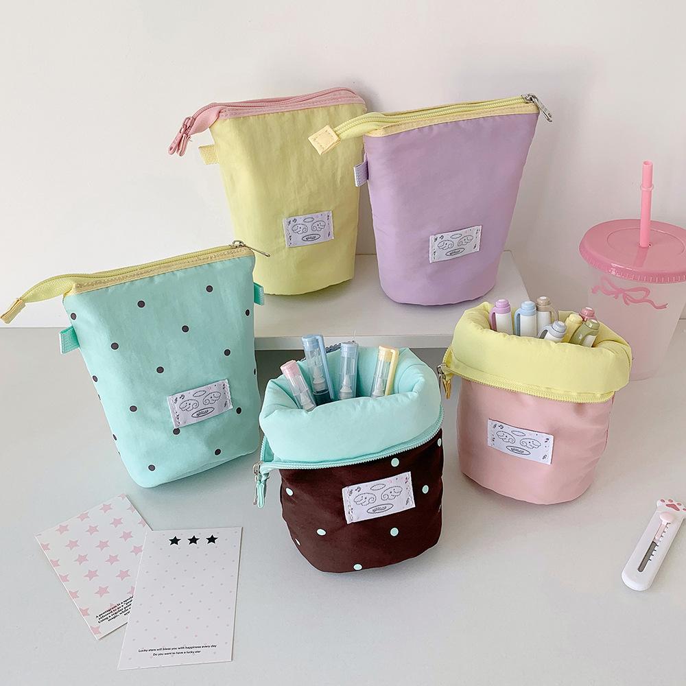 Korean Girl Round Dot Stationery Bag Pencil Case Desktop Pen Holder Zipper Coin Purse Coin Pouch Kids Cute Purse Makeup Bag