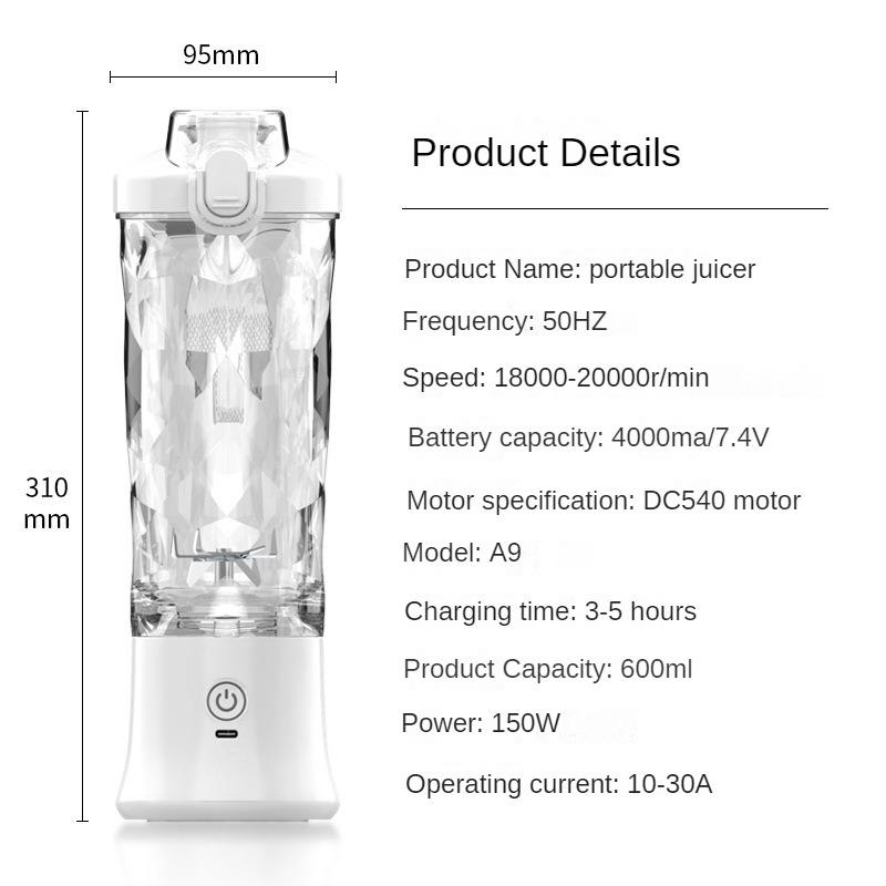 Odšťavňovač 600 ml velkokapacitní nádoba na šťávu dobíjecí Praktický multifunkční stroj na vaření ovoce s drceným ledem