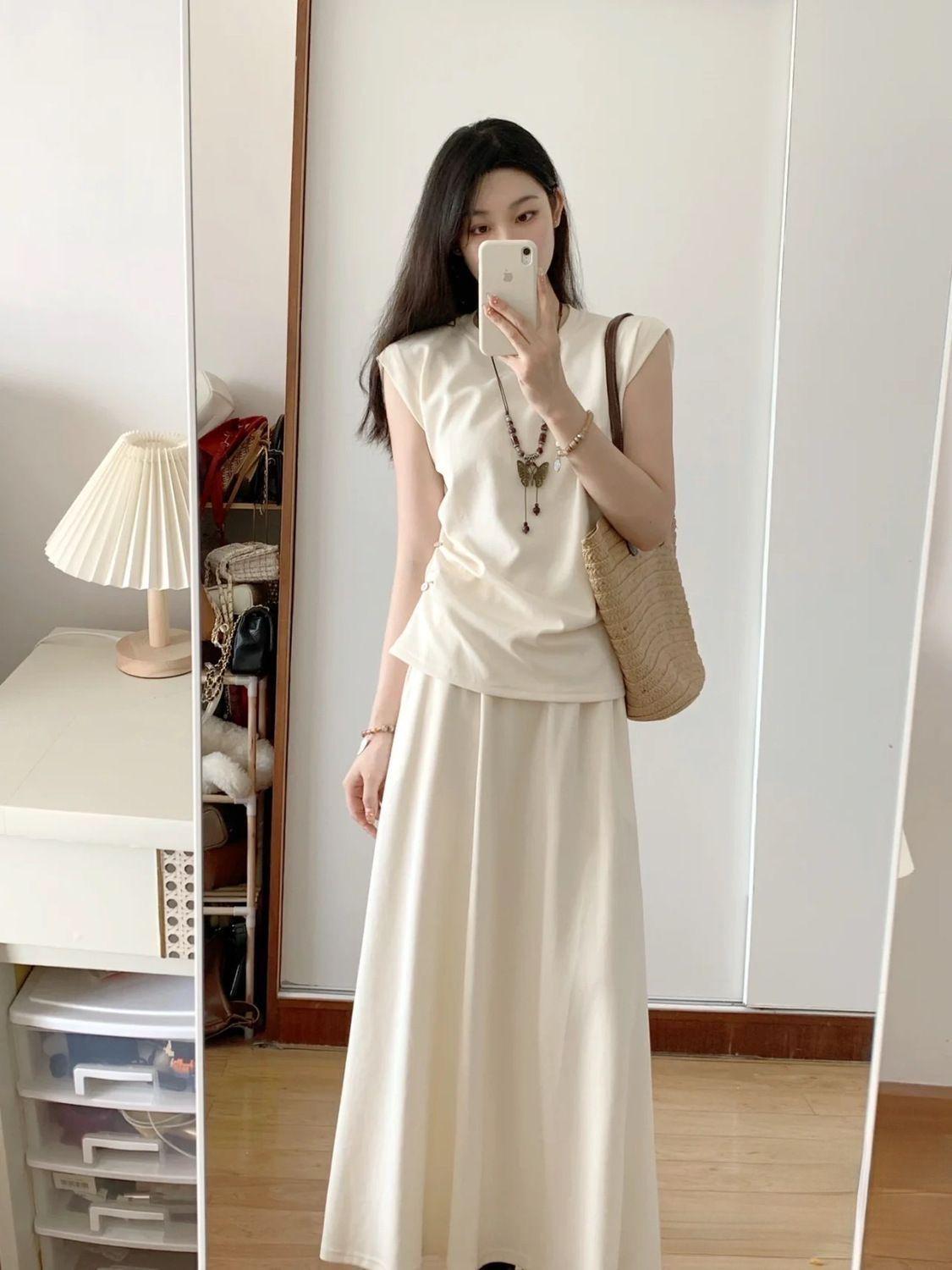 Women s French Salt Outfit: Summer Sleeveless Top & Long Skirt Two-Piece Set M бежевый