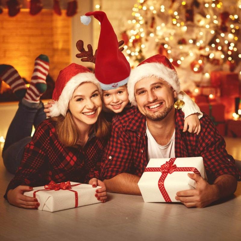 Pacote com 2 Chapéus de Papai Noel Musicais Dançantes Alimentados por Bateria Balanço Automático Chapéu de Festa de Natal com Música Embutida para Reuniões Familiares