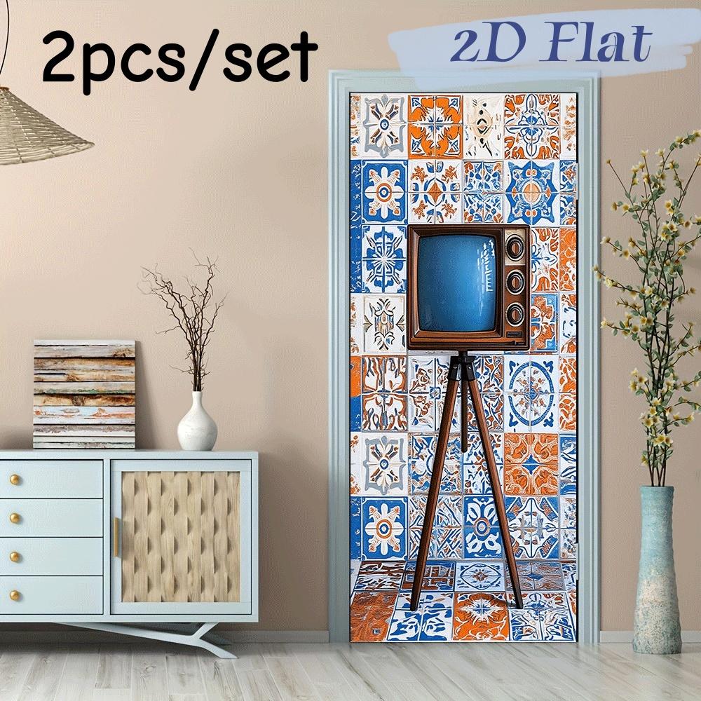 

2pcs Retro TV Wall Stickers Creative Living Room and Bedroom Decoration Stickers Ceramic Tile Pattern Background Wall Stickers N (as the picture,38.5x200cmx2)