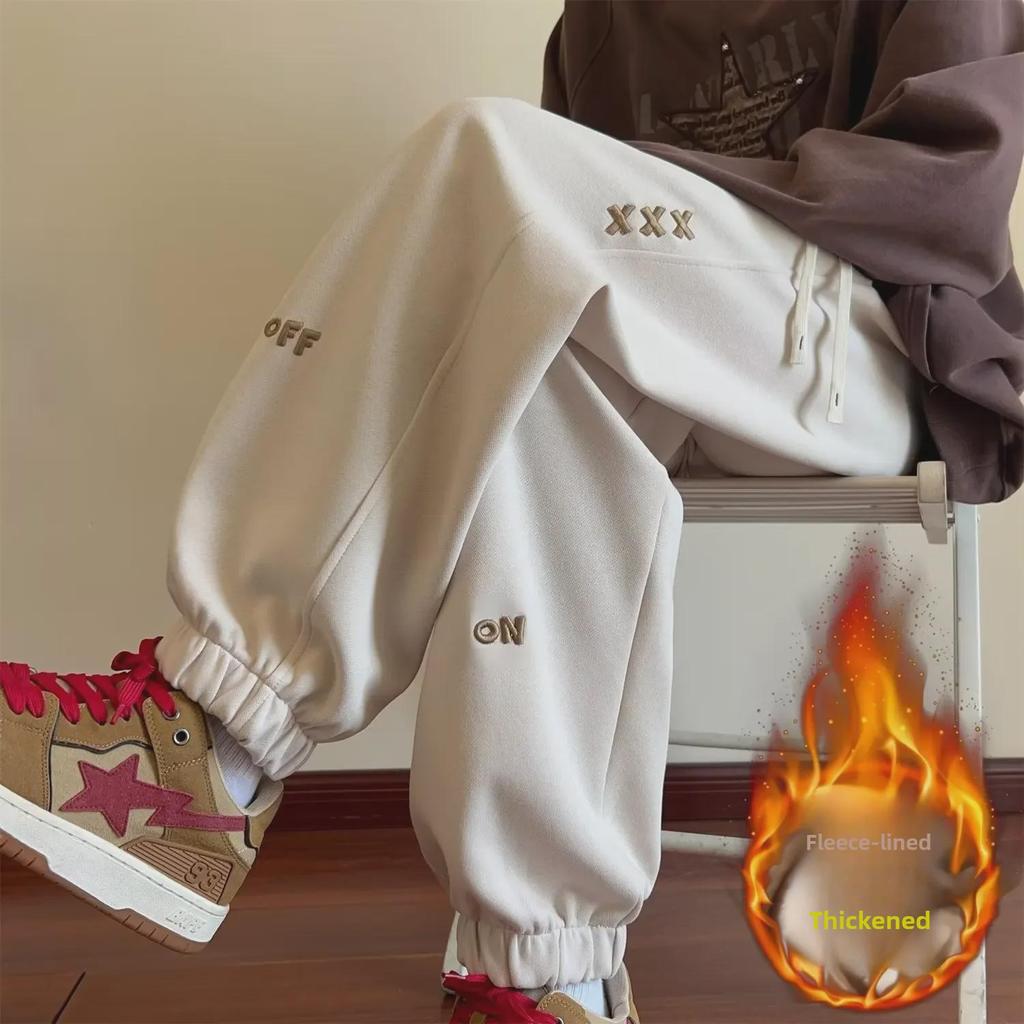 Men's Hong Kong Style Embroidered Velvet Sweatpants: Loose-Fit Casual Pants for Autumn/Winter Fashion Trend.
