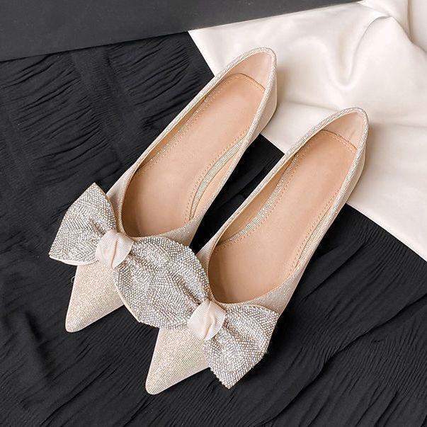 Rhinestone Pointed Toe Shoes for Women Black Slip-on With Bow Woman Flats Y2k 2025 Summer Elegant Dress Shoe Discount Wholesale