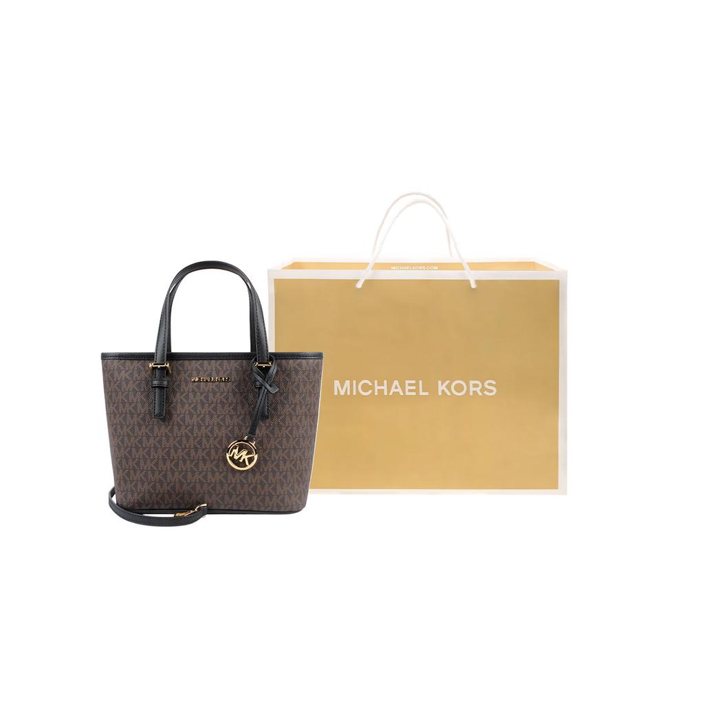 Michael Kors Mk Jet Set Monogram Color Block Coated Canvas And Leather Trim Tote Bag Shopping Bag Shoulder Crossbody Handbag Mini 35T9GTVT0B-BROWN-BLK