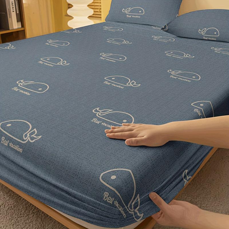 1 Simple Modern Animal Whales Printed Matte Fitted Sheet, Bedroom Printed Bed Cover, Bedding (Excluding Pillowcases)