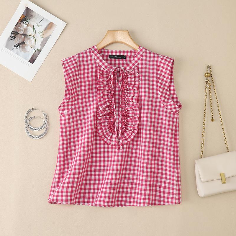 

ZANZEA Женская летняя свободная повседневная блузка без рукавов с клетчатым принтом 5XL темно-розовый