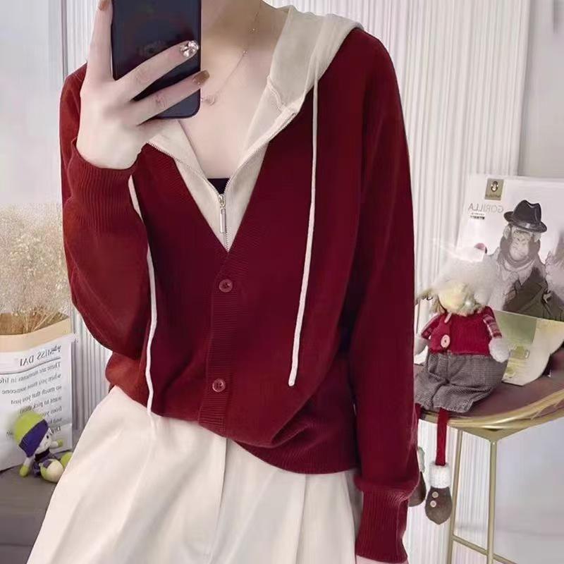 2024 Chic Layered Hooded Knitwear: Women's Two-Piece Color Block Sweater