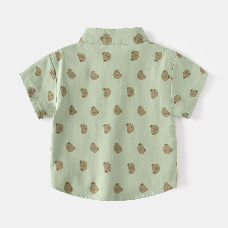 K-style Children's Clothing Kids Stand Collar Short Sleeve Shirt Boys Bear Printed Shirt Summer Baby V Neck Half Sleeve Tops