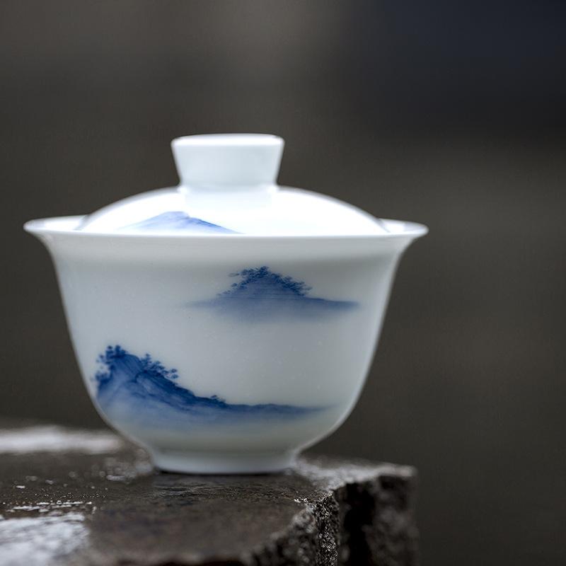 Porcelain Jade Mud Gaiwan Hand-painted Sancai Covered Bowl Chinese Kung Fu Tea Set Blue and White Teaware Teacups Tea Ceremony