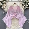 Niche Style V-neck Knot Flared Chiffon Long Sleeves Shirt