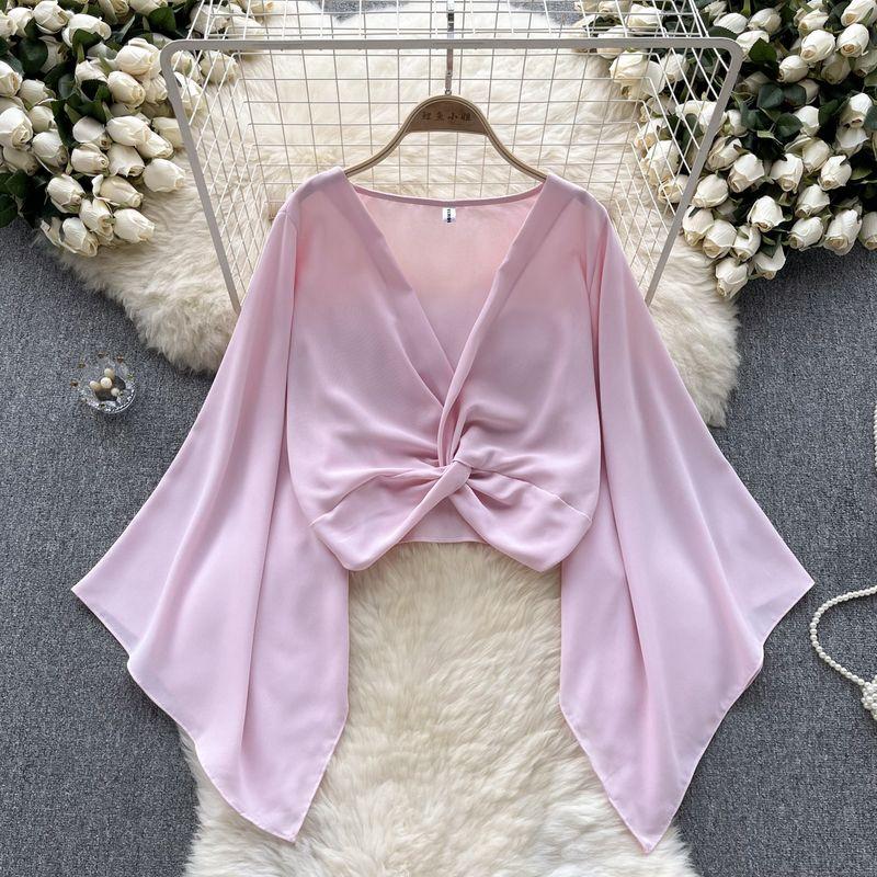 Niche Style V-neck Knot Flared Chiffon Long Sleeves Shirt