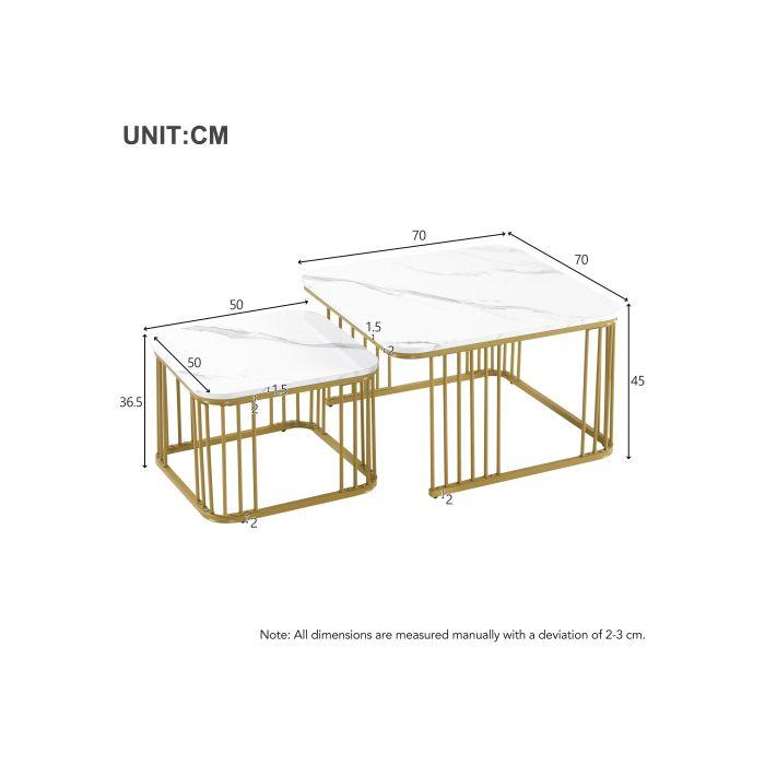 Table basse carrée - MUVOE - Lot de 2 - Marbre brillant - Pieds dorés - 70x70 cm et 50x50 cm