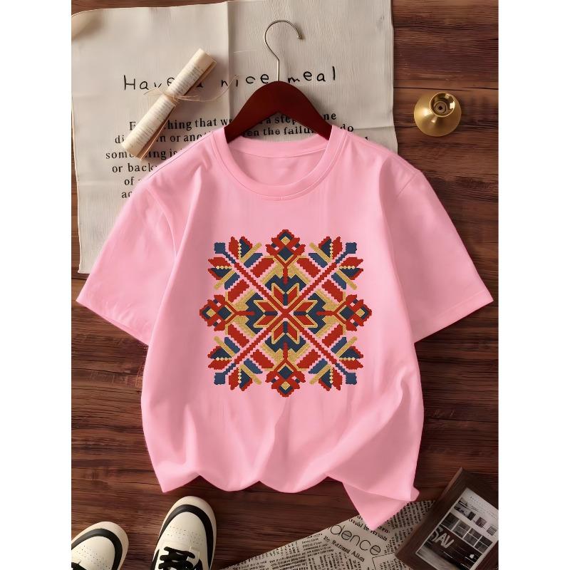 European sizes Round Neck T-Shirt, Summer Casual Comfortable Athletic Fashion Girls' Clothing, Slavic Ethnic Style