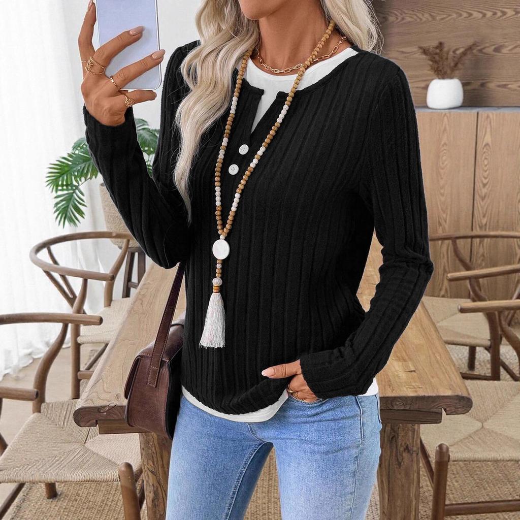 Autumn and Winter New Women's Fake Two-piece Crew Neck Button Pullover Polished Long-sleeved T-shirt