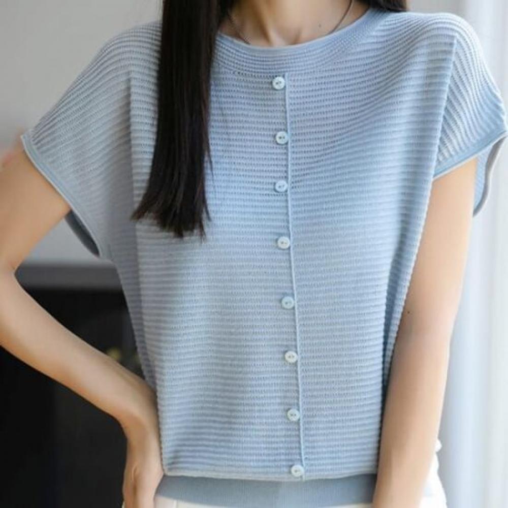 Navava Women Simple Button Point Cap Sleeve Knit Tee Nk2992