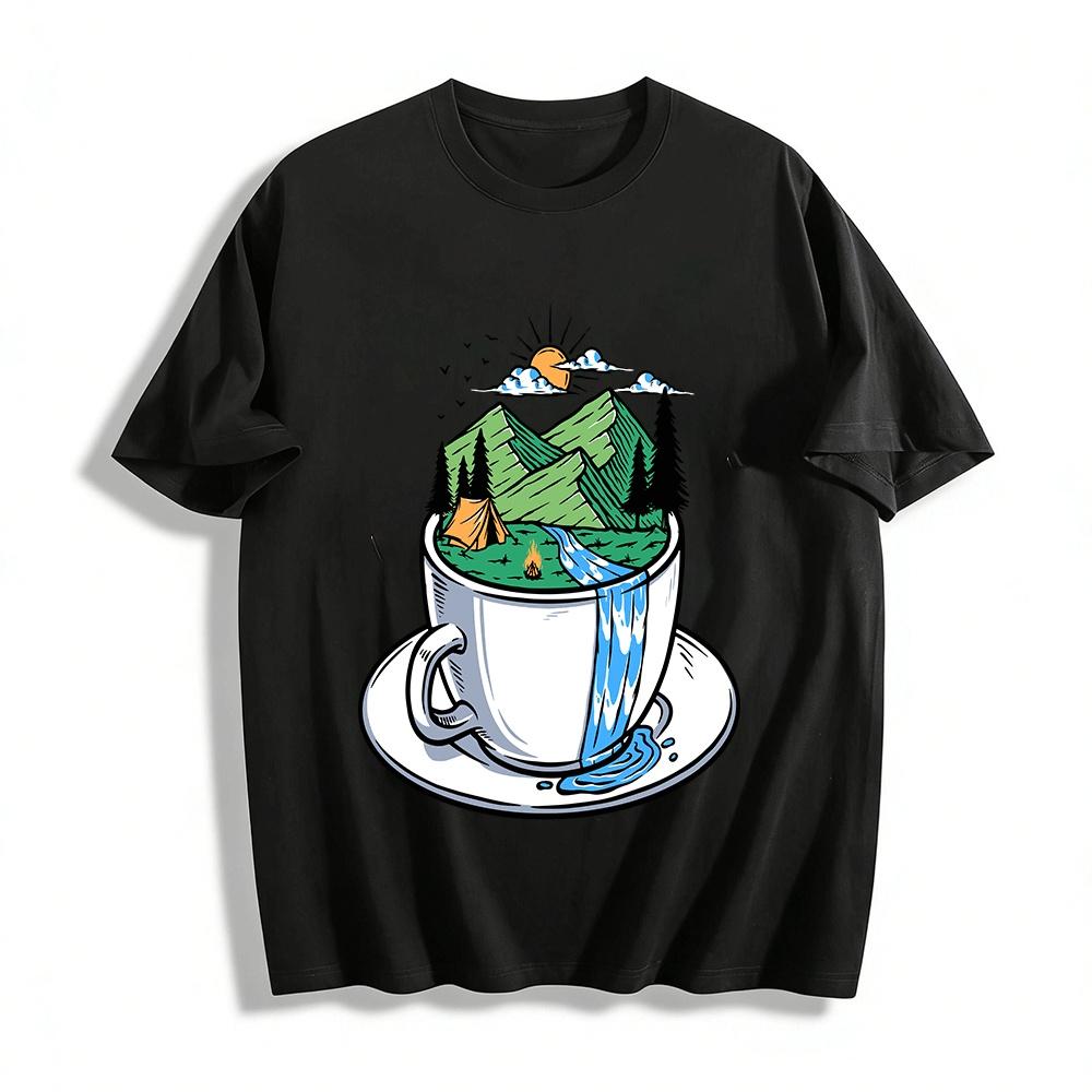 

Outdoor Camping Mountain Waterfall Coffee Cup Graphic Casual T-Shirt Pure cotton T-shirt XXS