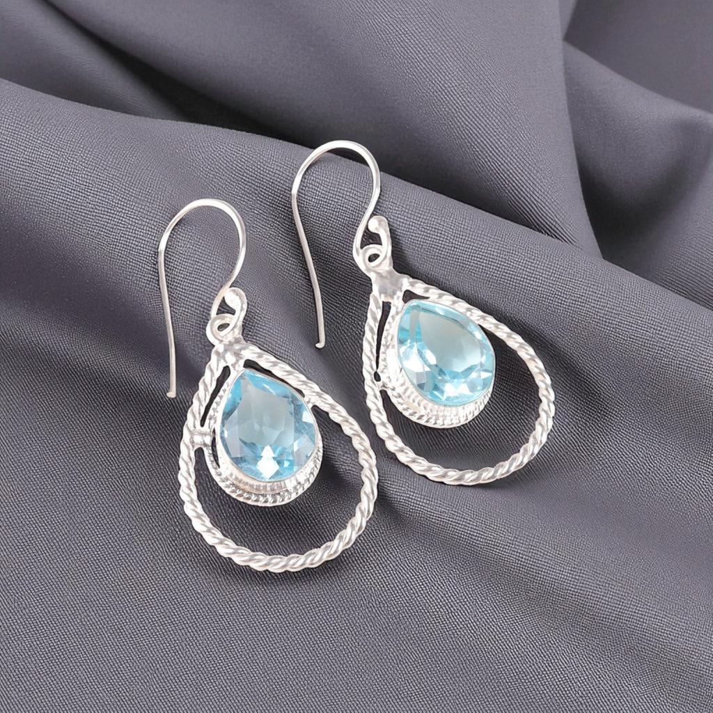 Sky Blue Topaz Gemstone 925 Sterling Silver Jewelry Handmade Hook Earrings 1.70" EE-96-5
