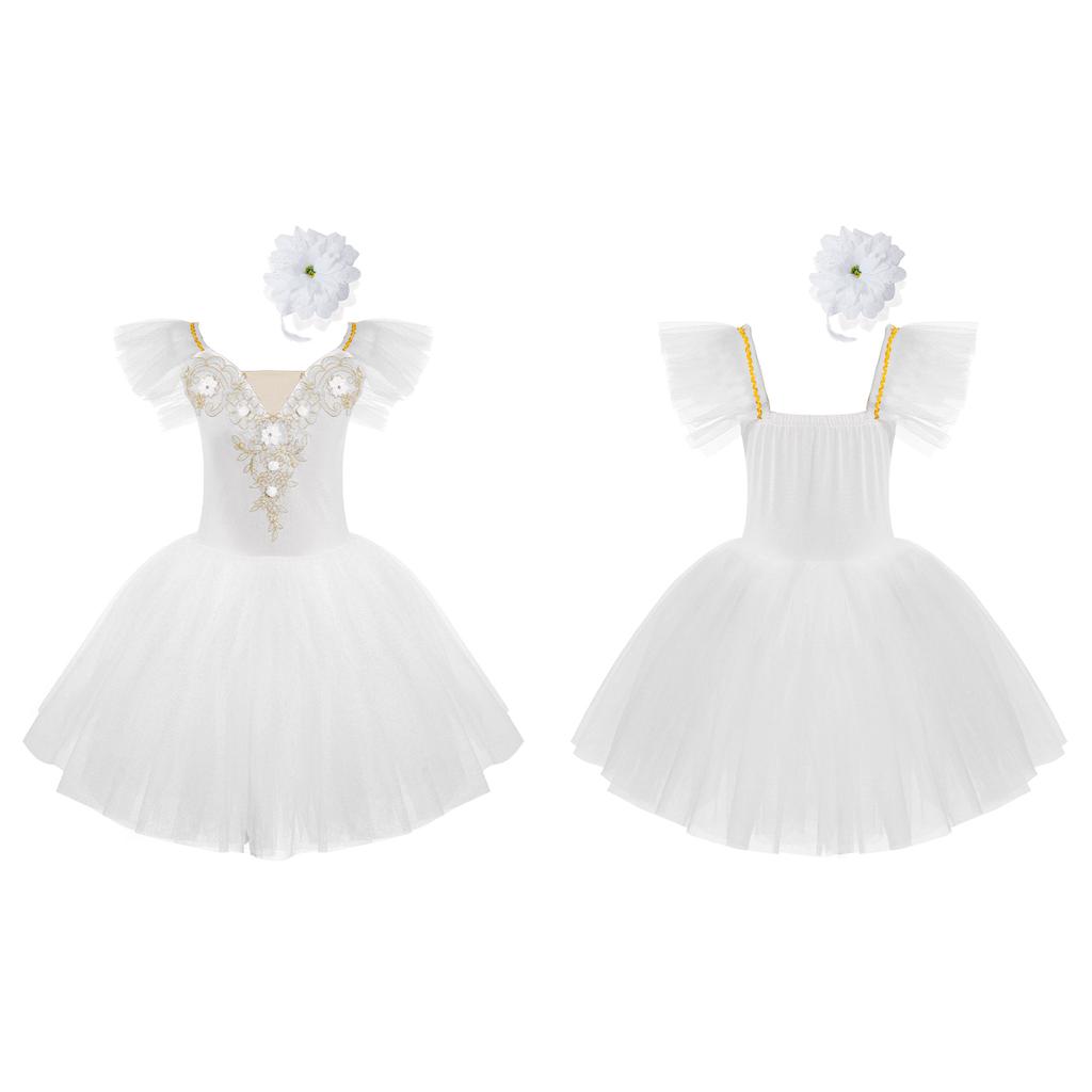 Girls Princess Tutu Dress with Flying Sleeves & Lace Flower Decor, Adjustable Spaghetti Straps, Mesh Skirt + Headdress for Dance Party