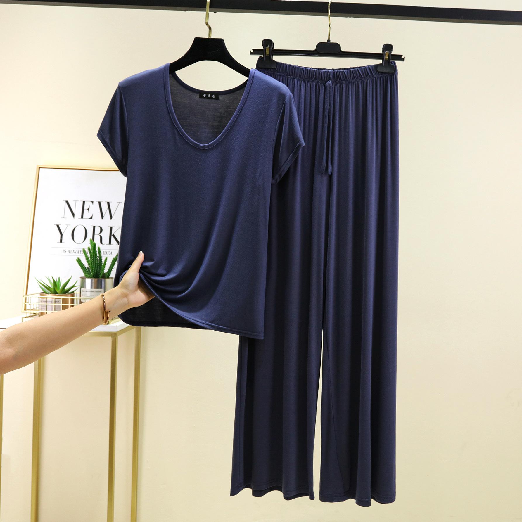 

Жіночий комплект з 2 предметів домашнього одягу, літня піжама з модалу, однотонний, повсякденний одяг для сну, розмір M-6XL, з U-подібним вирізом та короткими рукавами, широкі штани 3XL хакі