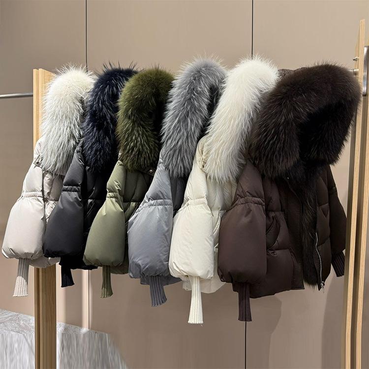 Winter New Raccoon Big Fur Collar Hooded Goose Down Jacket Women's Short Loose Thickened Knitted Sleeve Jacket
