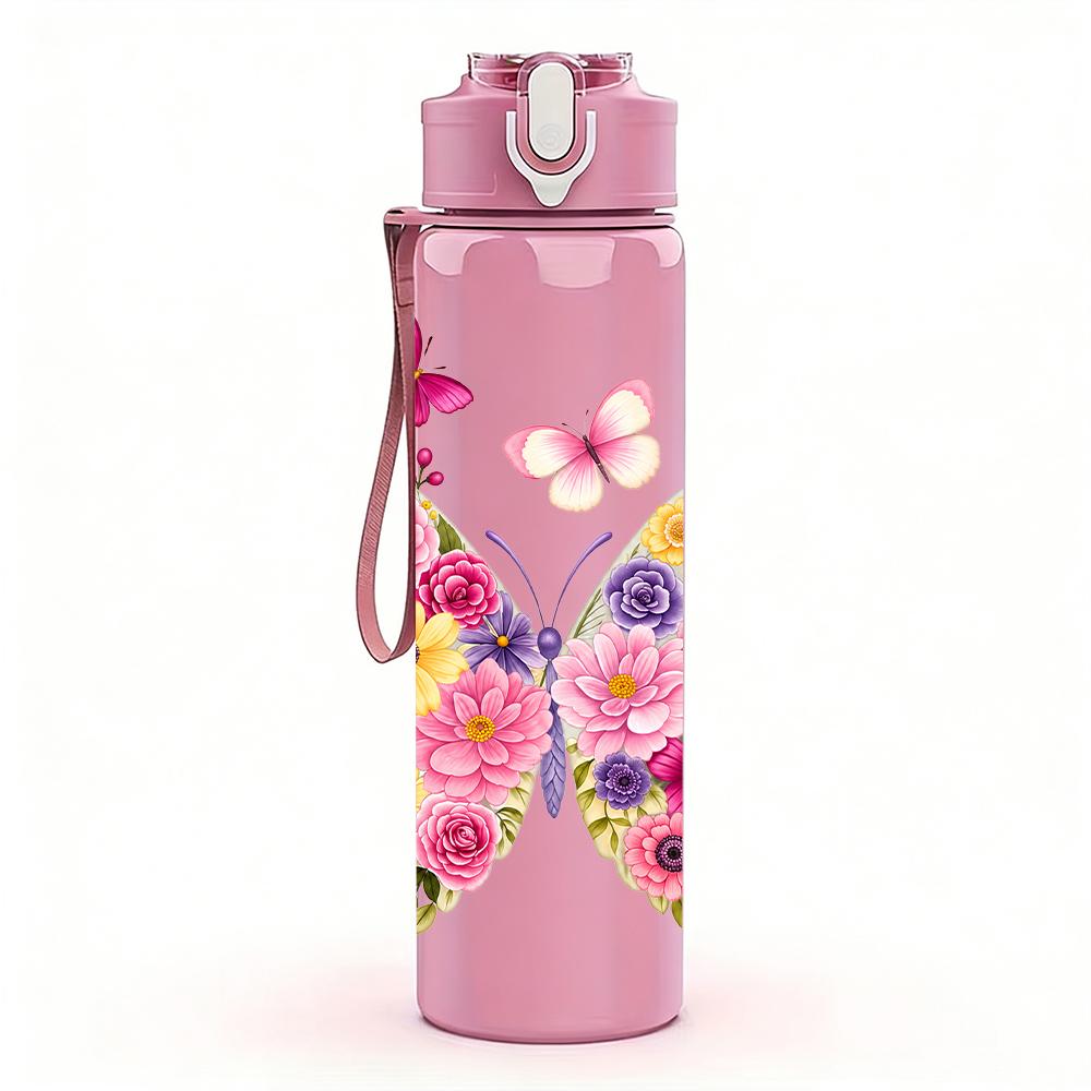 1PC Multi Pink Butterfly Bouquet 750ml Color Plastic Sports Water Bottle Leakproof Flip Straw Lid Suitable for Sports Office Home Use