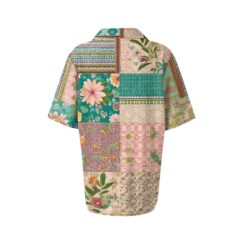 Damen Lässiges Kurzarm Waffelstrick Poloshirt Knopfleiste Patchwork Blumenprint Leichtes Oberteil