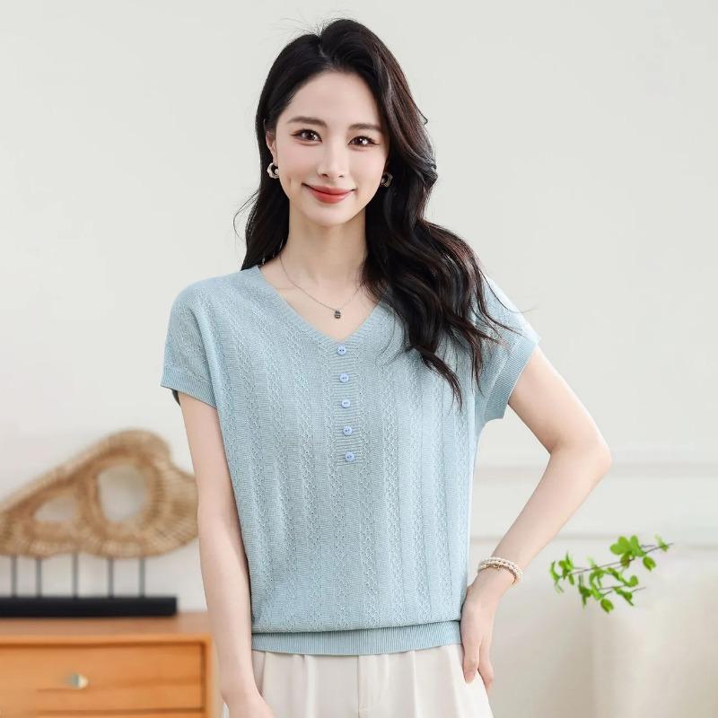 Women s Light Blue Hollow Cable Knit V Neck Half Button Short Sleeve Pullover Top OneSize синий