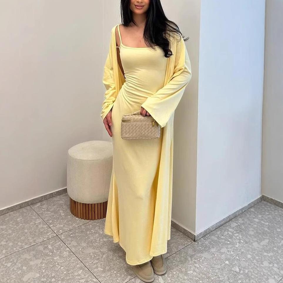 Spot new INS style fashion slim-fitting sleeveless suspender skirt solid color long coat cardigan two-piece set