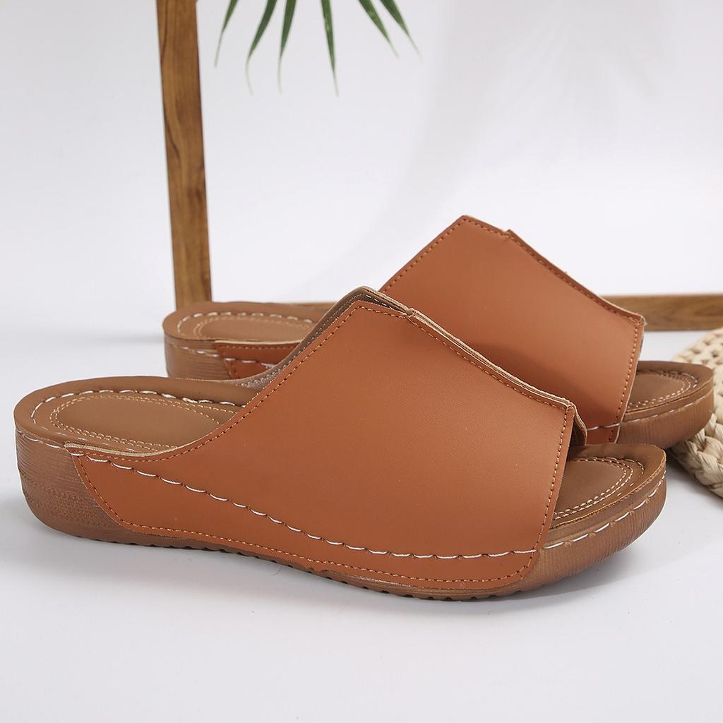 Slope Heel Thick Bottom Slippers,Women's Large Size Round Head Casual One Foot Stirrup Solid Color Slope Heel Sandal Slippers Women Outer Wear