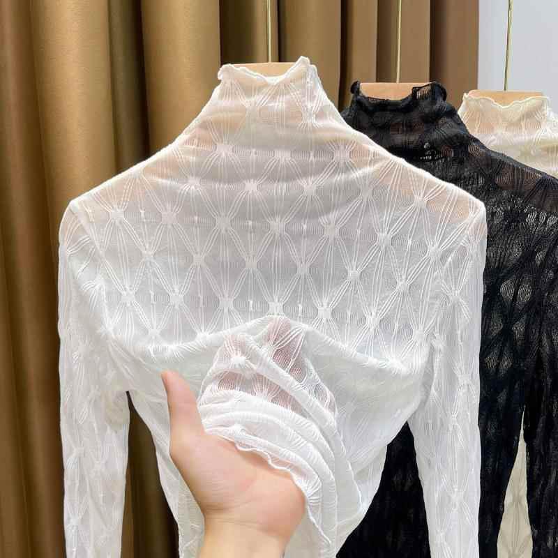 

Women s 2026 White Lace Blouse with Ruffled High Neck - Long Sleeve Mesh Sheer Base Layer L