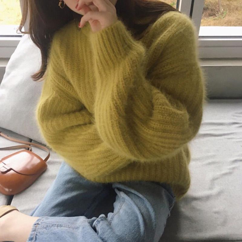 Loose Round Neck Knitted Sweater for Women Solid Color Base Sweater for Autumn and Winter