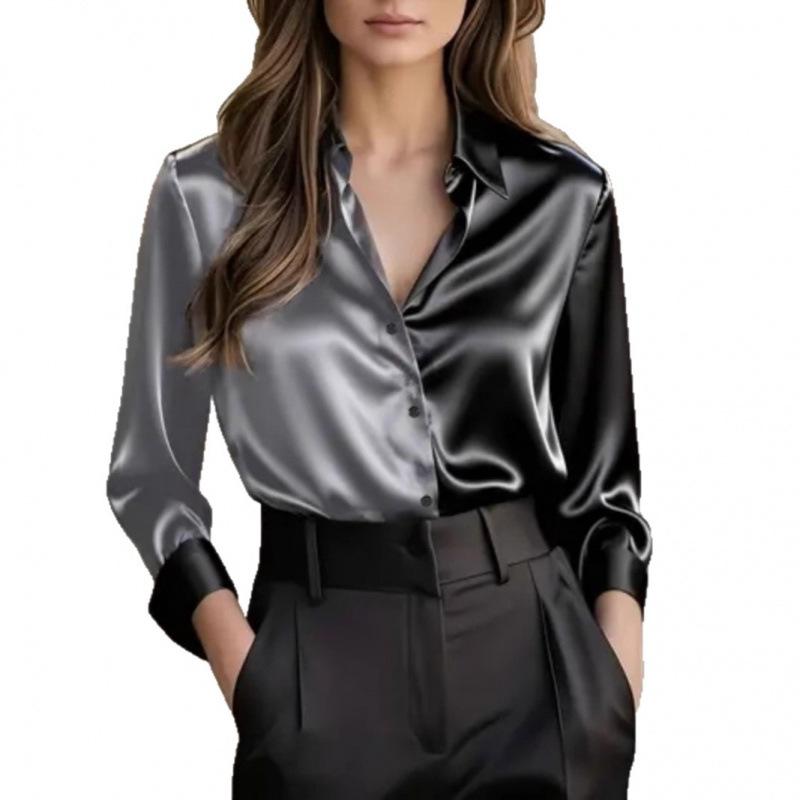 Spot 2025 New Elegant and Fashionable Double-Colored Lapel Button-Down Shirt for Women