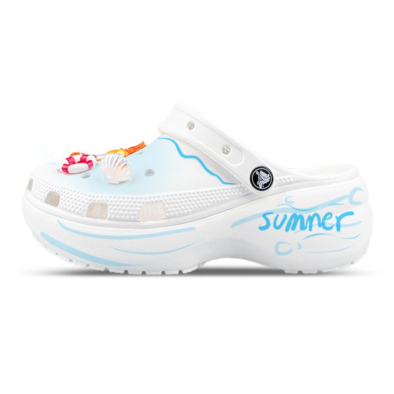 Crocs Classic Platform Clog AnJie Summer Beach Fun 3D Decoration Hand-painted Clogs Unisex White and Blue
