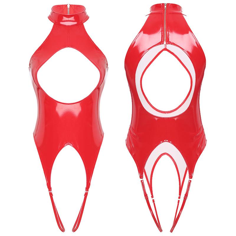 Kvinner Latex Clubwear Nattklubb Pole Dance Costume Cutout Front Skrittløs Bodysuit Halter Backless Jumpsuit