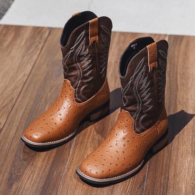Nye Støvler for Menn Klassisk Broderi Midt-legg Lærstøvler Retro Western Cowboystøvel Casual Høy Topp Støvler Herre Ridestøvletter