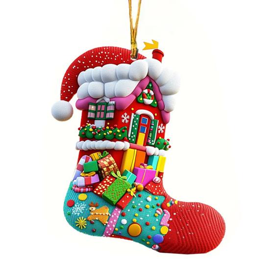 Christmas Socks Santa Claus Red Hanging Ornament Acrylic Decorative Keychain Pendant Xmas Stockings Wall Decoration