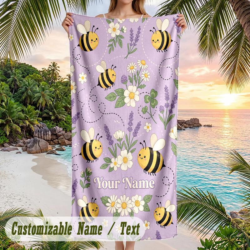 Bee Floral Garden Theme Quick Dry Beach Towel Custom Name Text Print Large Sand Resistant Towel Beach Vacation