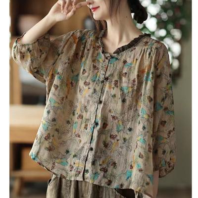 Women's Summer Ethnic Style Slimming Top Short Sleeved T-shirt Small Shirt for Women