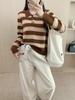 Autumn-Winter Wool Polo Collar Striped Sweater for Women
