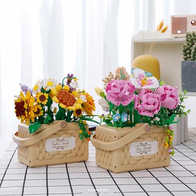 Cesta de girasoles, Mini bloques de construcción de plantas, flor eterna, modelo de perfume LED 3D, Micro ladrillos, juguetes, rosa para decoración del hogar