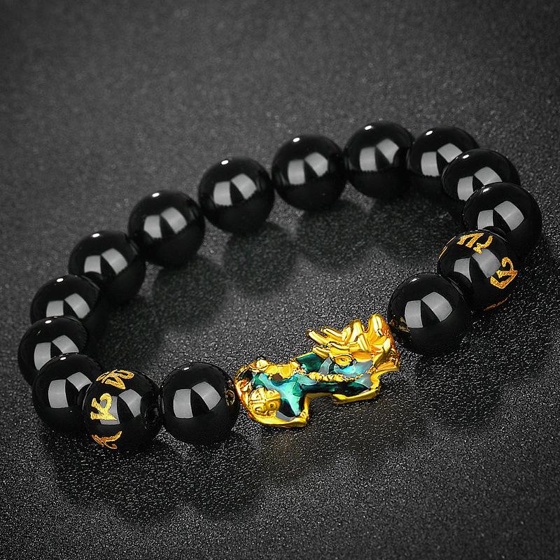 Vietnamese Sand Gold Pixiu Bracelet with Imitation Hetian Jade & Green Agate Beads, Women's Discoloring Stone, TikTok Style.