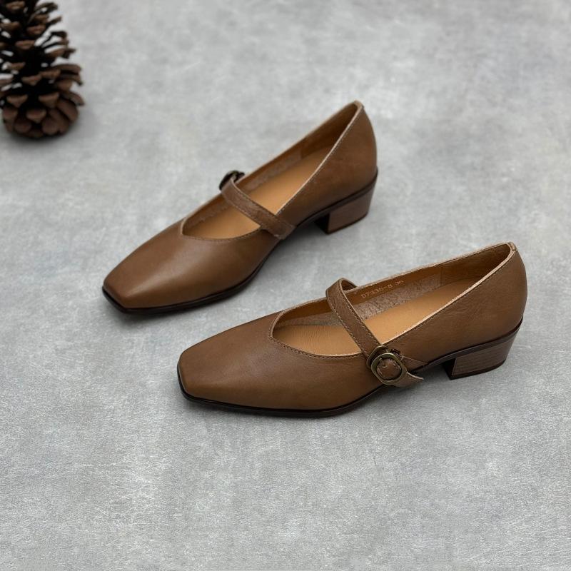 Johnature Echtes Leder Dicke Absätze Retro Damen Pumps Retro Eckige Zehenpartie Mary Jane Absatzschuhe