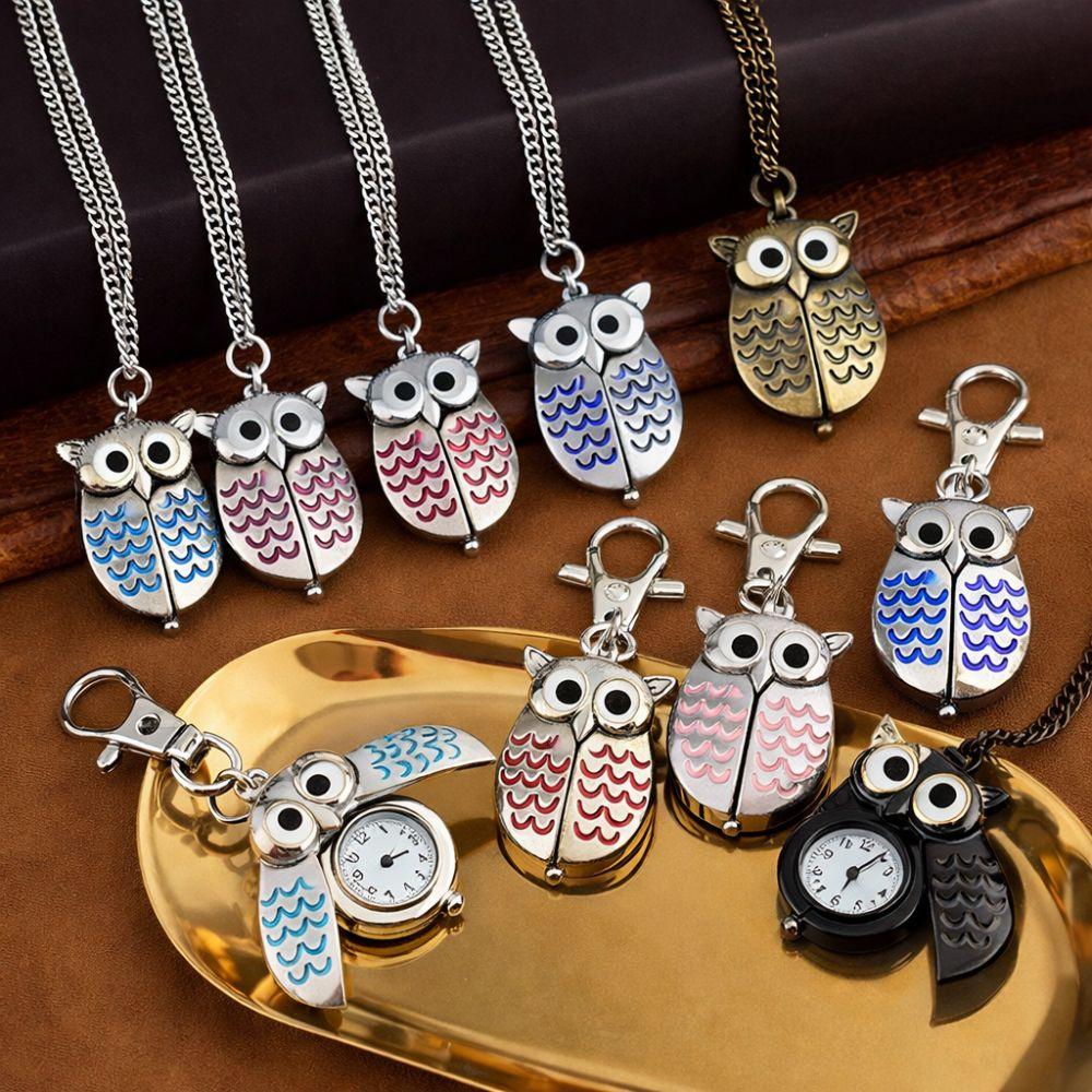 Fashion Owl Shape Pocket Watch Keychain Classic Flip Style Hang Watch Antique Retro Clock For Unisex Adults Children